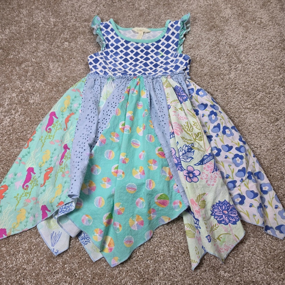 Matilda Jane Dress Handkerchief Patchwork Floral Seahorse Boho Blue Size 4